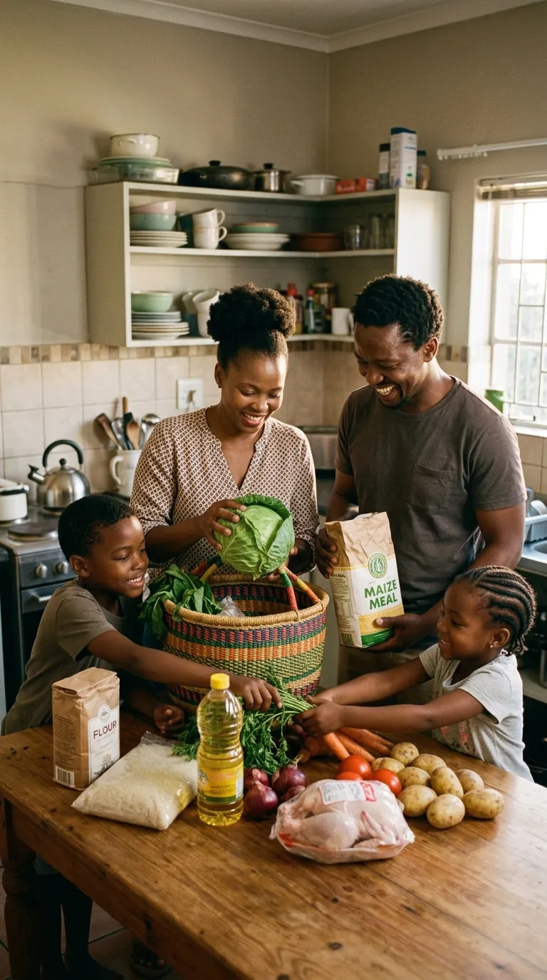 A South African family unpacking their Ubuntu Basket in the kitchen