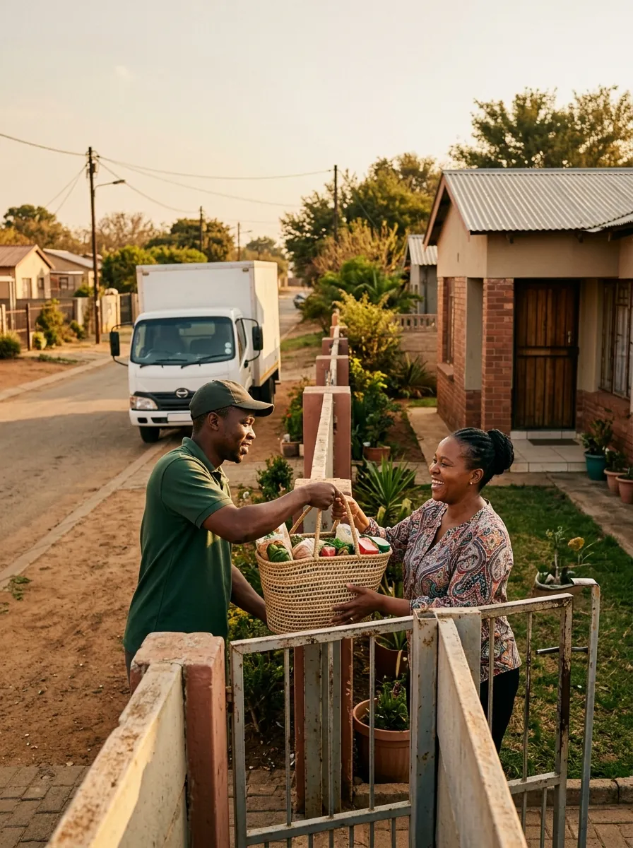 An Ubuntu Basket driver handing a basket to a member at her gate