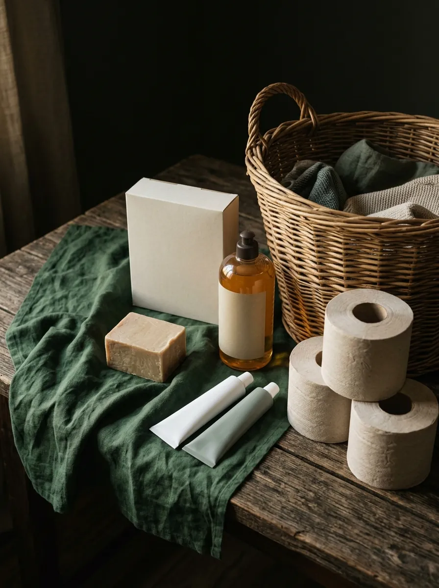 Household essentials: washing powder, soap, dishwashing liquid, toothpaste and tissues