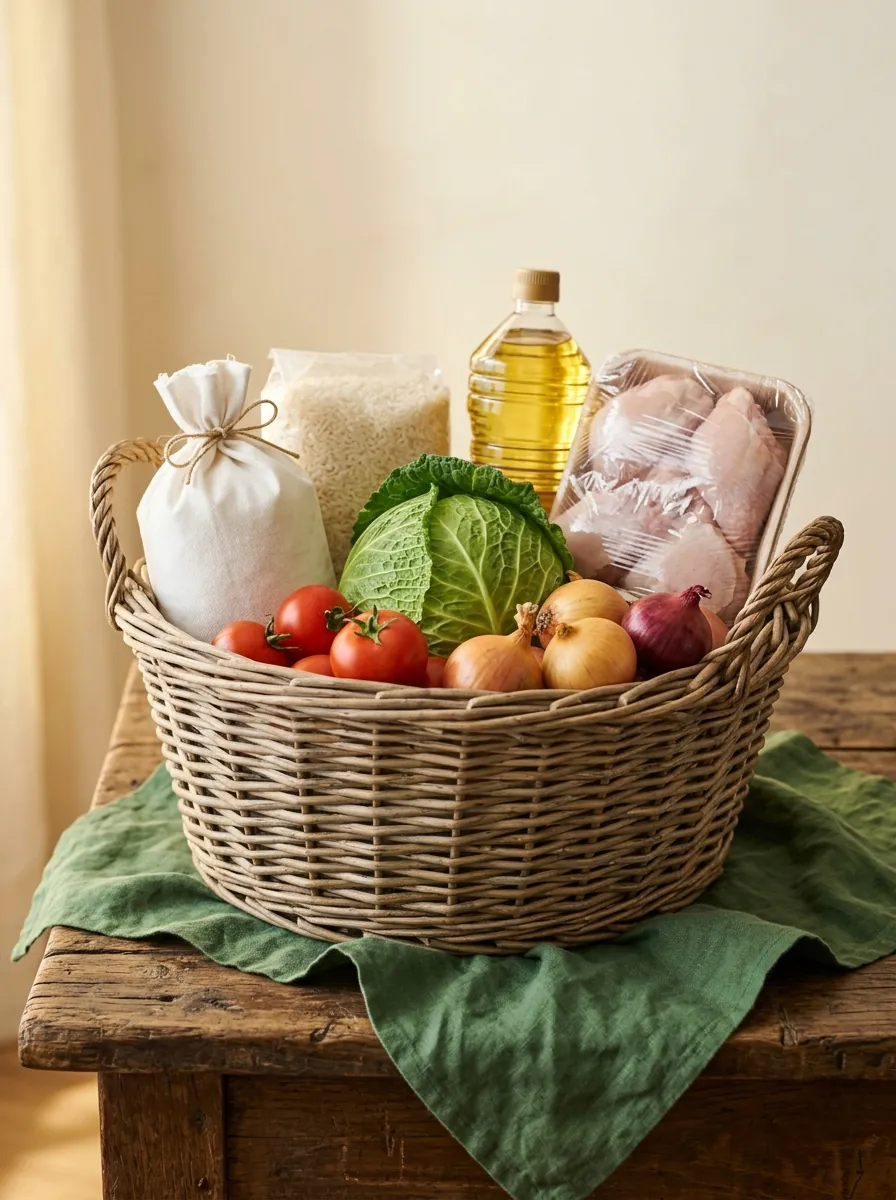 Family Care basket with staples, vegetables and chicken