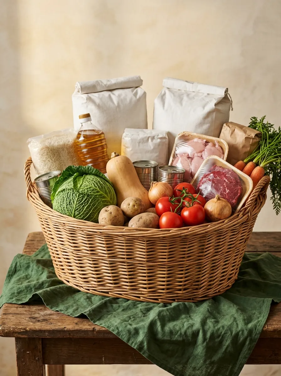 Family Plus basket with more staples, vegetables and protein